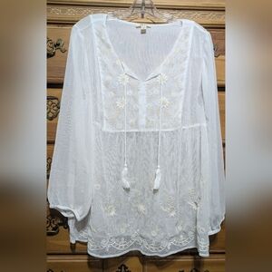 Style & Co. White Bohemian Embroidered Peasant Blouse